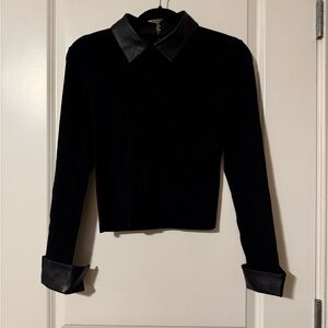 Alice + Olivia Black Long Sleeve Sweater with Leather Accents